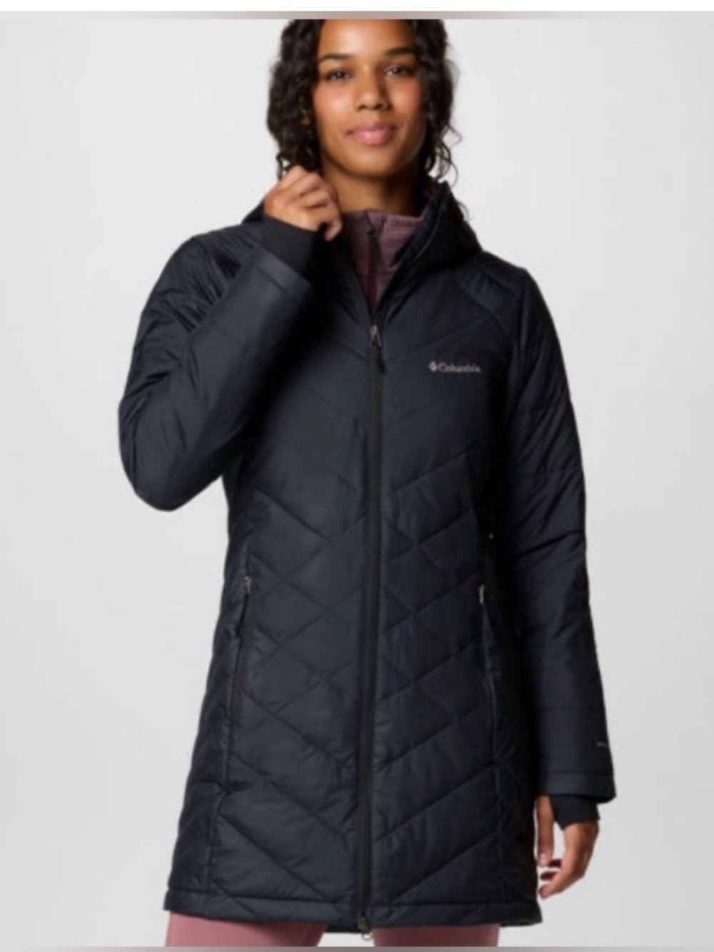 Columbia Black Quilted Long Heavenly Omni Heat Mid Length Coat Hood Size L